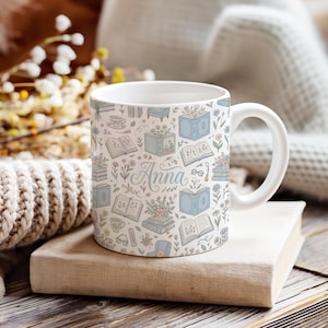 Bookish Mug, Personalised Pastel Blue Design with Floral Book Pattern