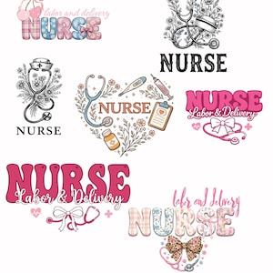 Puede incluir: Colección de diseños con temática de enfermería. Incluye las palabras "Nurse" y "Labor & Delivery" en varias fuentes y estilos. Los diseños presentan estetoscopios, flores, lazos e ilustraciones médicas. Los colores incluyen rosa, azul y negro.