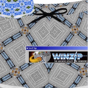May include: Shorts featuring a grey geometric design and a black drawstring. Another pair of shorts with a blue and white floral pattern is also visible. The WinZip logo is printed on the shorts.