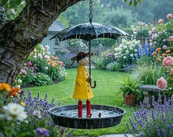 Comedero para pájaros con forma de niña con paraguas, decoración creativa para el jardín, regalo artístico para exteriores