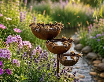 Baño rústico de metal para pájaros, captador de lluvia, bebedero de jardín de 3 niveles para abejas, regalo de arte para exteriores para mamá