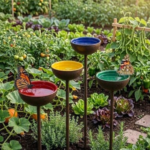 Può includere: Quattro mangiatoie per farfalle colorate in un giardino. Ogni mangiatoia ha uno stelo marrone e una ciotola rossa, gialla, blu e verde. Le farfalle sono appollaiate su due delle mangiatoie. Il giardino ha varie piante e verdure.