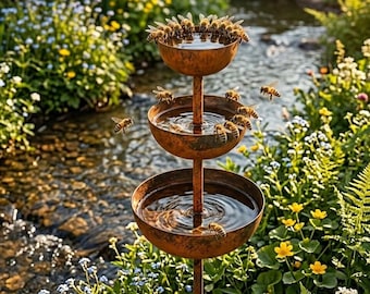 Estación de agua para polinizadores e insectos, bebedero de metal rústico de 70 cm para pájaros, regalo de arte para jardín zen para mamá
