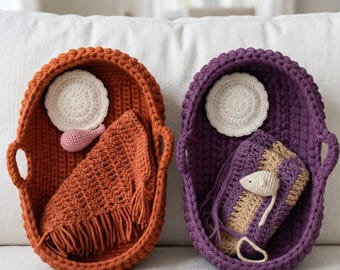 Crochet Doll Bed Bassinet Pattern Set | Amigurumi Blanket, Pillow, Toys (PDF Download)