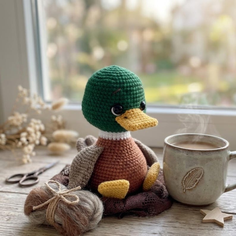 Puede incluir: Un pato de ganchillo hecho a mano con cabeza verde, cuerpo marr&oacute;n y pico y patas amarillas. El pato est&aacute; junto a una taza de caf&eacute;, un ovillo de lana y unas tijeras. El pato mide aproximadamente 15 cm de alto.