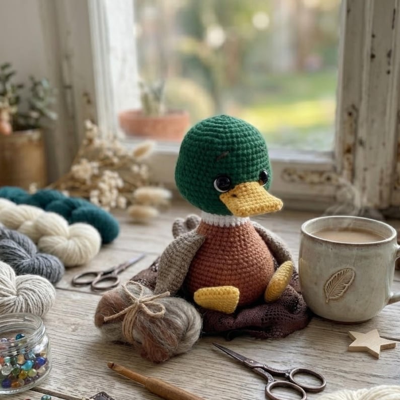 Puede incluir: Un mu&ntilde;eco de pato de ganchillo hecho a mano con cabeza verde, cuerpo naranja y pico amarillo. El pato est&aacute; sobre una superficie de madera con hilo, tijeras y una taza de caf&eacute;. Un art&iacute;culo encantador y artesanal.