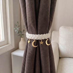 Handmade Macrame Curtain Tiebacks, Star and Moon Cotton Rope Curtain Holdbacks, Celestial Curtain Tie Backs, Farmhouse Bedroom Window Decor