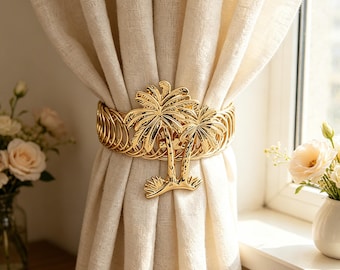 Sujetador de cortina con forma de palmera dorada, soporte metálico estilo bohemio costero (dorado/plateado)