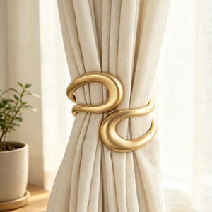 Könnte beinhalten: Goldfarbene Gardinenhalter in modernem Design. Die Halter halten einen beigen Vorhang zurück. Die Halter haben eine glatte, geschwungene Form und ein mattes Finish. Eine Topfpflanze ist im Hintergrund zu sehen.