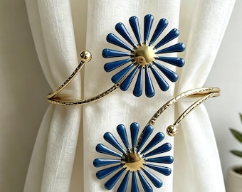 Elegantes alzapaños de cortina con forma de margarita esmaltada, lujosos sujetadores de cortina dorados, decoración floral bohemia para el hogar.