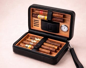 Estuche de viaje de cuero personalizado para puros con higrómetro / Humidor de madera de cedro para 6 puros / Soporte portátil de lujo personalizado para puros, regalo para hombres.