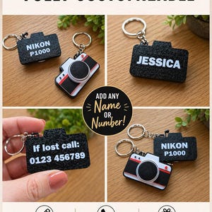May include: Customisable camera-shaped keyrings. The keyrings are black with white text, and some have red and white accents. The text on the keyrings includes "NIKON P1000", "JESSICA", and a phone number. The image also includes the text "FULLY CUSTOMIZABLE".