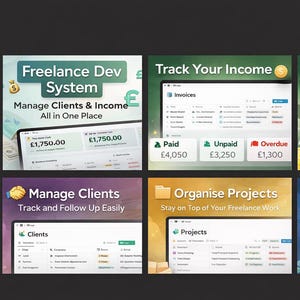 May include: A digital interface displaying a freelance dev system with income tracking and client management tools. The interface shows invoices and project organization. Text includes "Freelance Dev System" and "Manage Clients & Income."