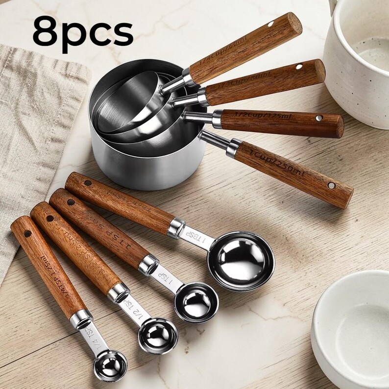 Gold Stainless Steel Measuring Cups Spoons Set, Wooden Handles, Baking ...