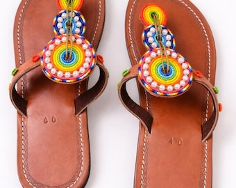 Handmade African Beaded Leather Maasai Sandal, Summer Beach Women Flip Flop, Tribal Zulu Footwear