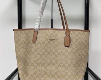 COACH Maxi Signature Canvas Leather Tote Bag, Designer Shoulder Bag