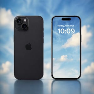 May include: Two black smartphones, one showing the back with the Apple logo and camera lenses, the other displaying a screen with a blue sky and clouds, the date, and time: Sunday, February 8, 10:09.
