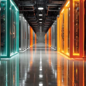 May include: A data centre hallway with server racks lit in teal and orange. The ceiling is covered in cables and pipes, and the floor reflects the lights. The overall effect is a futuristic, high-tech environment.