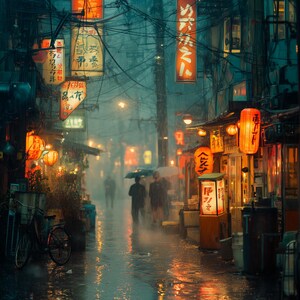 Puede incluir: Imagen digital de una escena de calle lluviosa en una ciudad japonesa. La calle está bordeada de tiendas y restaurantes, iluminados por faroles y letreros brillantes con texto japonés. Gente con paraguas camina por la calle mojada. Una bicicleta está aparcada.