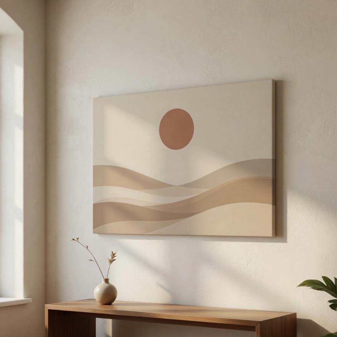 Minimalist Neutral Abstract Canvas Wall Art, Modern Beige Sun & Waves ...