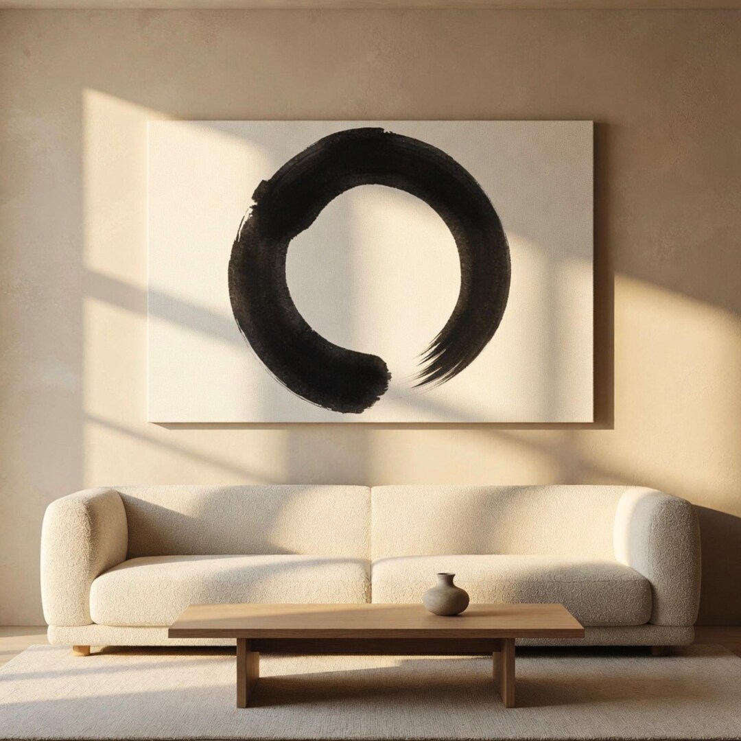 Minimal Enso Circle Wall Art, Zen Abstract Canvas Print, Black Beige ...