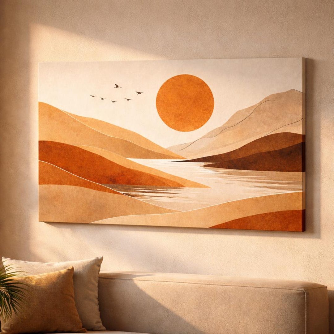Neutral Abstract Landscape Canvas Art, Beige Sunset Wall Decor, Modern ...