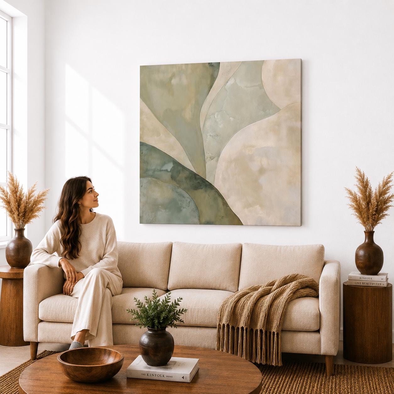 Sage Green Abstract Canvas Wall Art | Modern Minimalist Square Painting ...