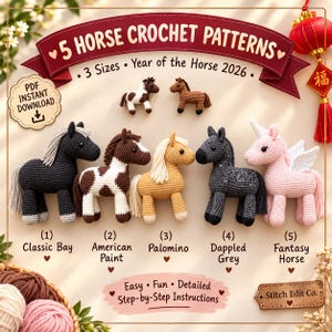 Crochet Horse Pattern Bundle 5 Breeds in 3 Sizes, Year of the Horse 2026 PDF, Amigurumi Pony, Palomino, Paint & Pegasus Pattern