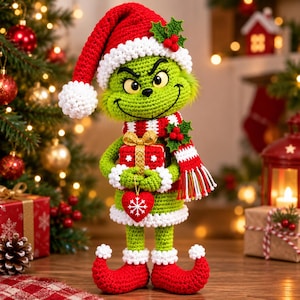 Op de afbeelding: Een groene gehaakte karakterpop met een rood-witte kerstmuts, een bijpassende gestreepte sjaal en schoenen met gekrulde tenen. Het figuurtje houdt een klein rood cadeau vast met een gouden lint en een rood hartvormig ornament met sneeuwvlok.