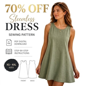 Op de afbeelding: Een mouwloze saliegroene jurk met een ronde halslijn en een uitlopend silhouet. De afbeelding bevat de tekst: 70% OFF Sleeveless DRESS SEWING PATTERN, PDF DIGITAL DOWNLOAD, STEP-BY-STEP INSTRUCTIONS en XS-4XL SIZES met lijntekeningen.