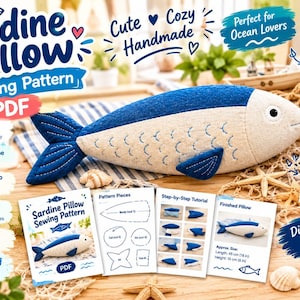 Patrón de costura en PDF para almohada de sardina, patrón de peluche de pez, juguete de peluche de pez, patrón de costura para principiantes, descarga instantánea, A4 A0 Carta estadounidense