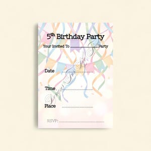 May include: A birthday party invitation with the text "5th Birthday Party" in black. The invitation has a colorful background with streamers and pennants. Fields are provided to fill in the date, time, and place.