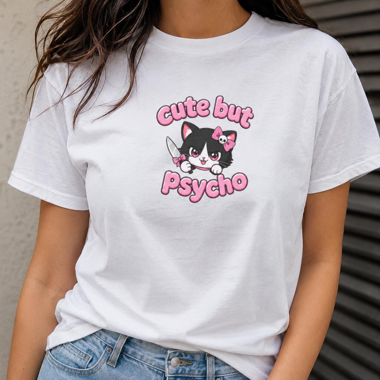 Cute But Psycho Shirt, Pink Kawaii Cat T-Shirt for Women, Funny Sassy Graphic Tee, Cute Psycho Shirt, Gift for Her