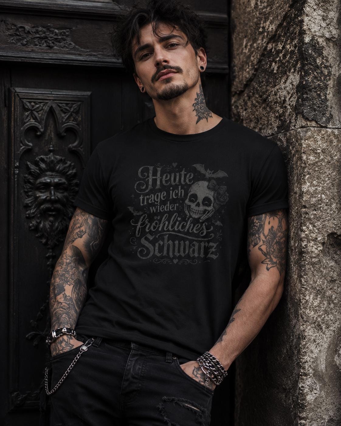 Heute trage ich fröhliches Schwarz Shirt - Gothic T-Shirt mit Totenkopf, lustiges schwarzes Statement Shirt - Floral Goth