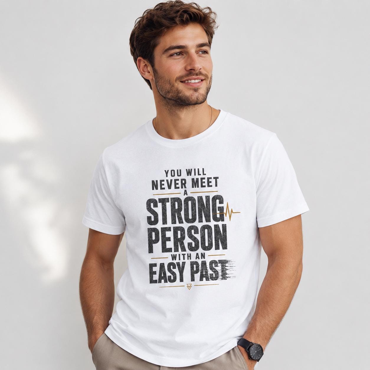 Mann in weißem T-Shirt mit schwarzem Statement-Schriftzug lächelt freundlich