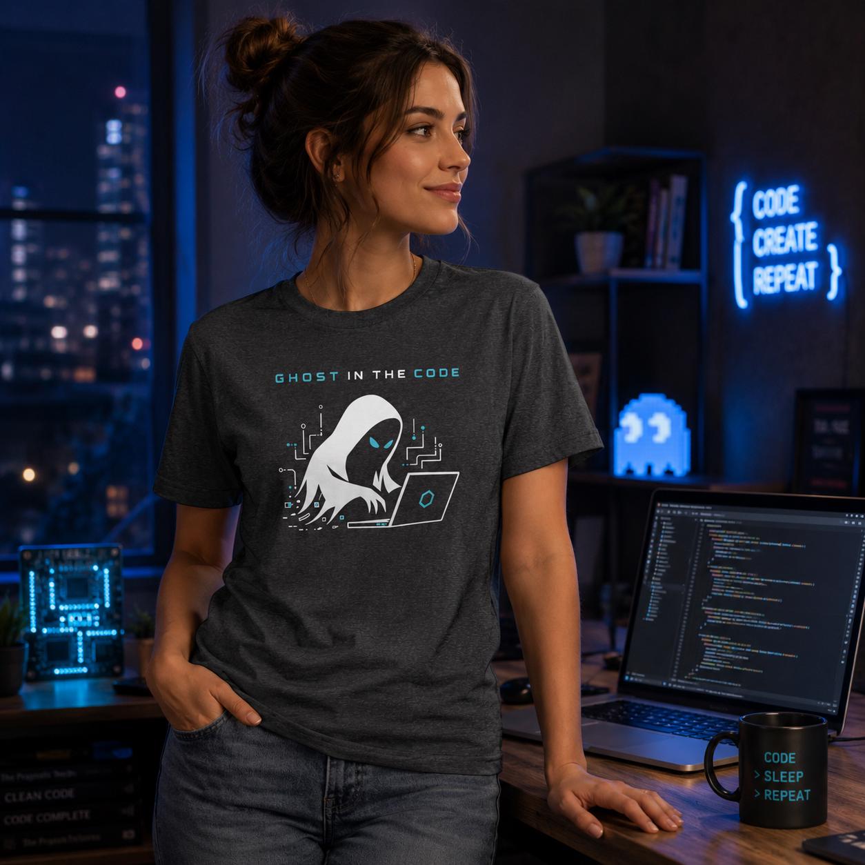 Frau trägt graues Ghost in the Code T-Shirt, im Hintergrund ein PC mit leuchtendem Code