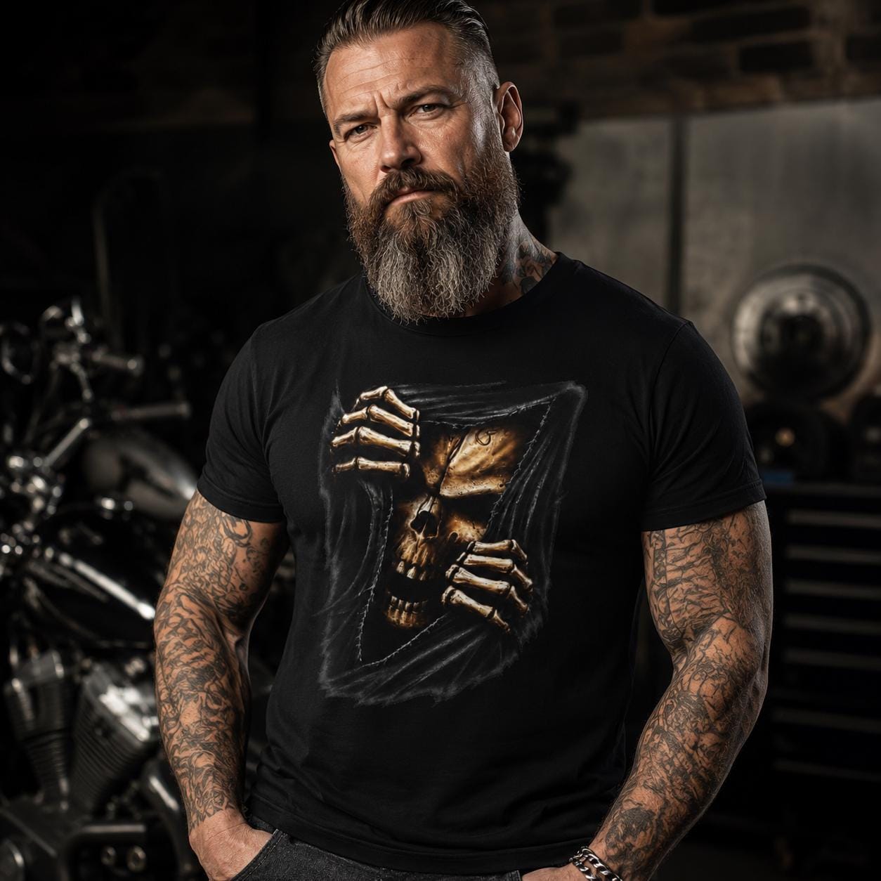Biker Skull T-Shirt - Gothic Totenkopf Shirt für Metalheads, Motorradfahrer & Dark Streetwear