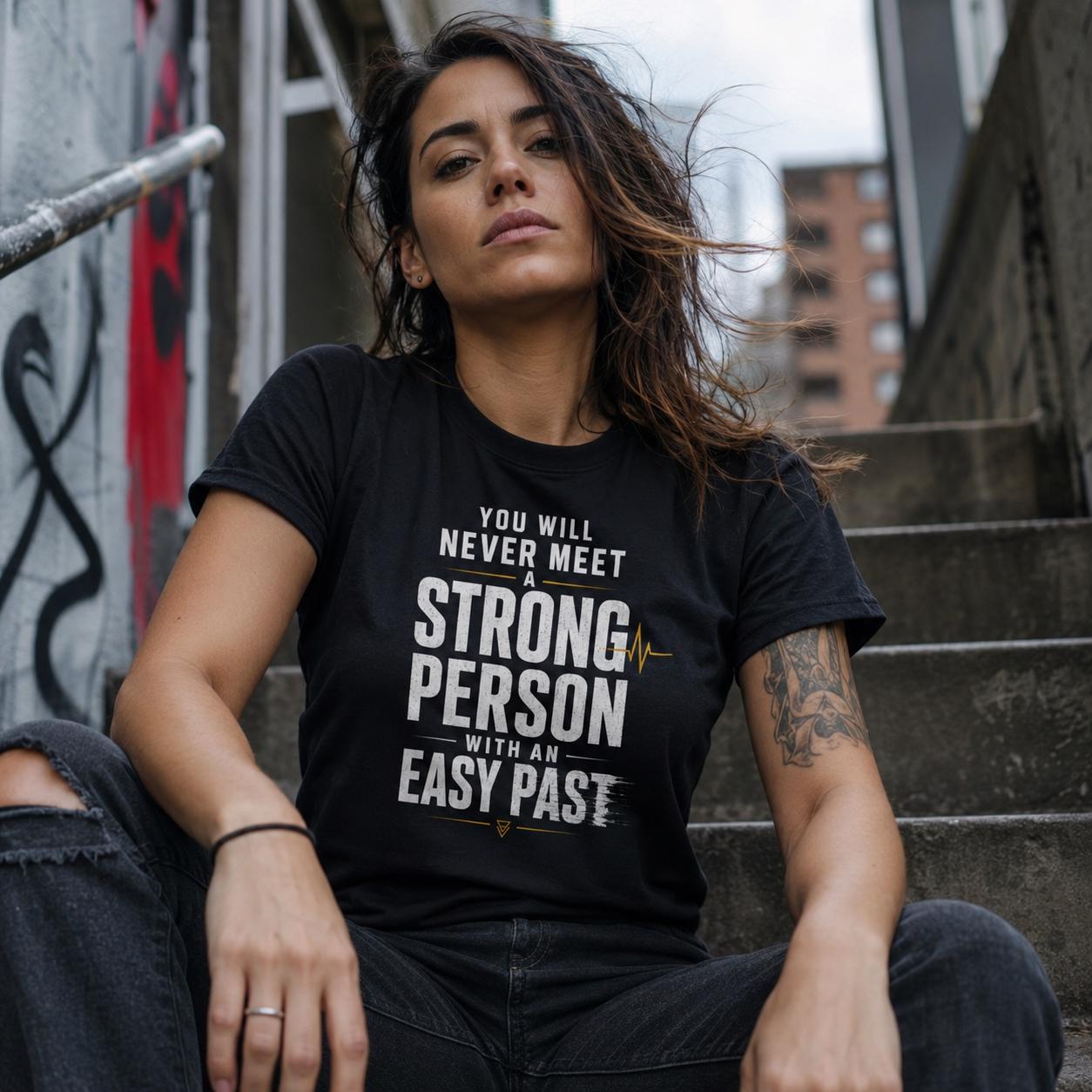 Frau sitzt auf Treppenstufen, trägt schwarzes Statement-Shirt mit weißer Aufschrift
