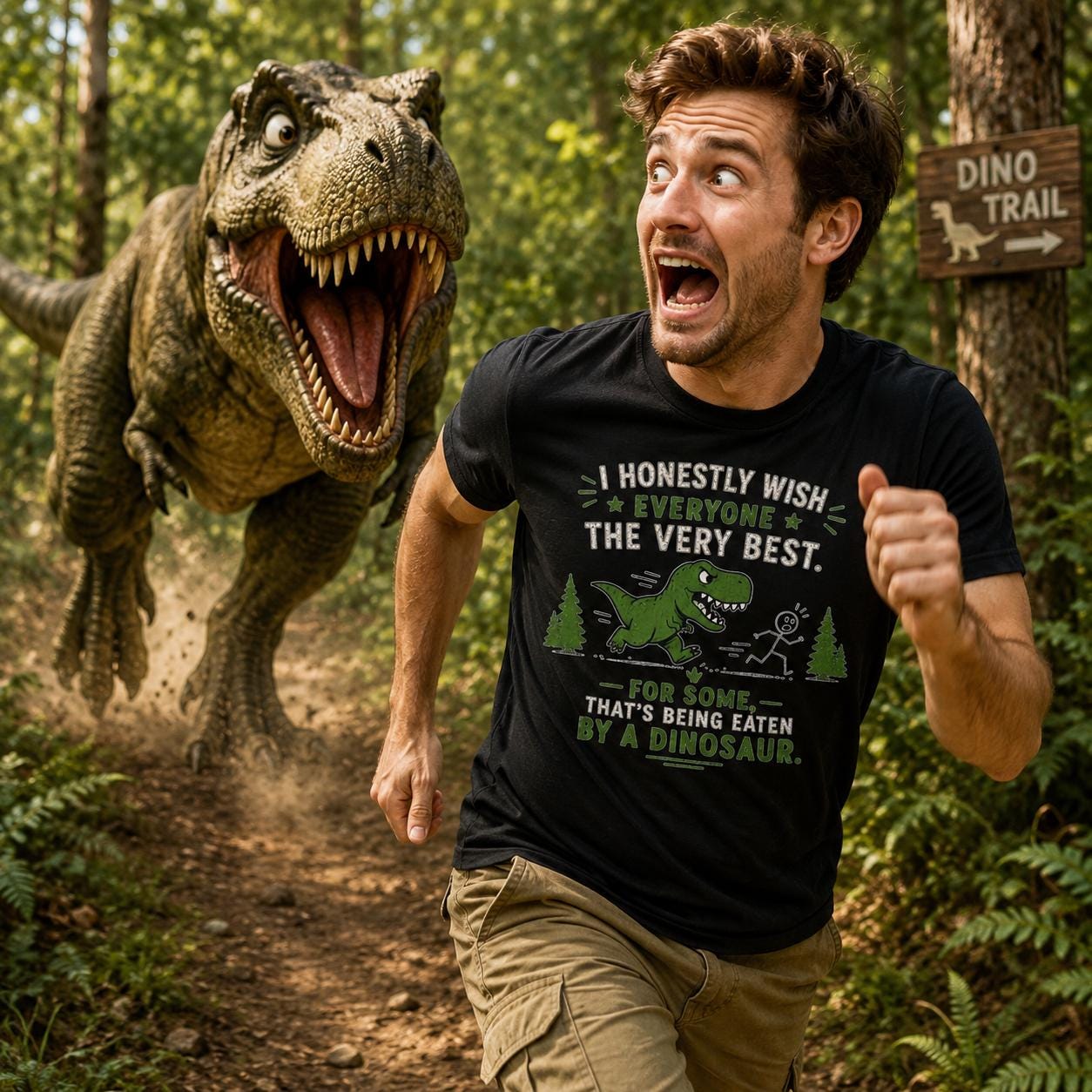 Mann trägt schwarzes Dinosaurier T-Rex Sarkasmus Shirt stehend im Wald mit Dinosaurier im Hintergrund