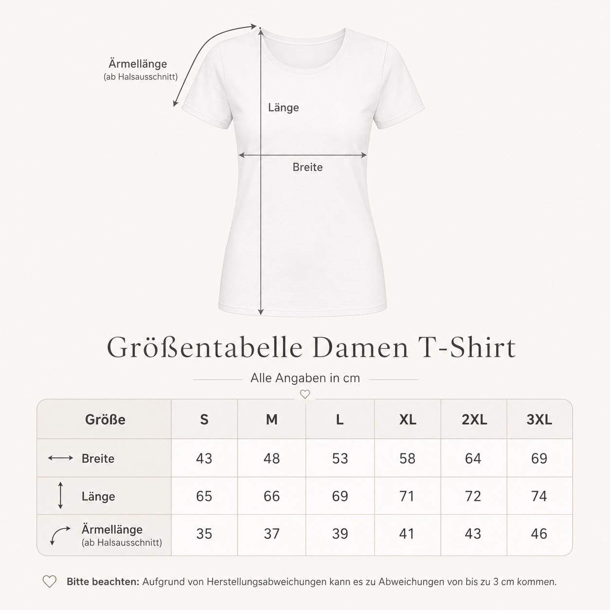 Weißes Damen T-Shirt mit Größentabelle und Maßen angezeigt für verschiedene Größen von S bis 3XL
