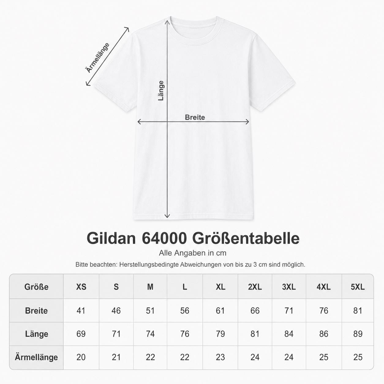 Größentabelle des Gildan 64000 T-Shirts mit Maßen für verschiedene Größen in Zentimetern