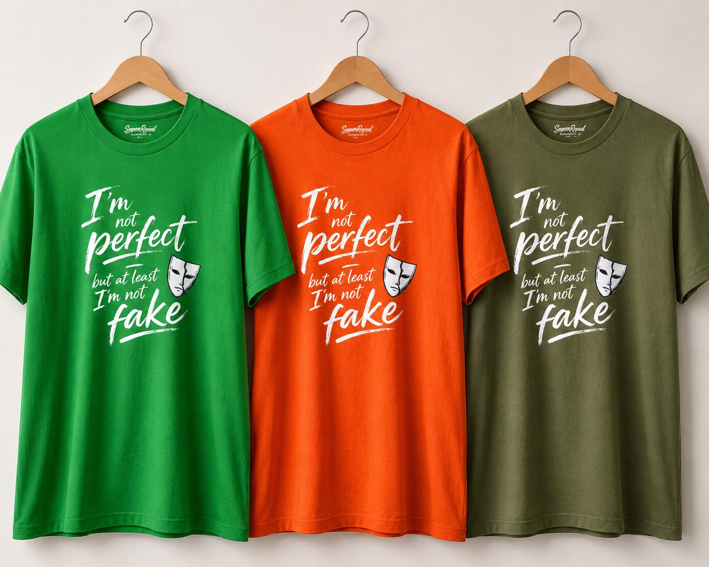 Drei T-Shirts in grün, orange und olivgrün mit weißem Schriftzug am Kleiderbügel