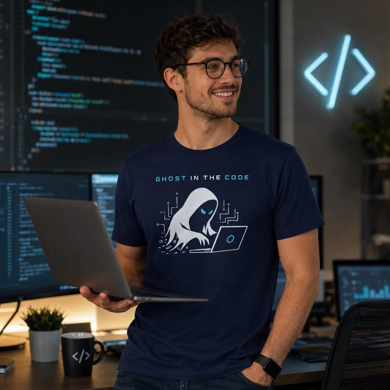 Mann trägt dunkelblaues Ghost in the Code T-Shirt, sitzt vor Laptop mit Code auf Bildschirm