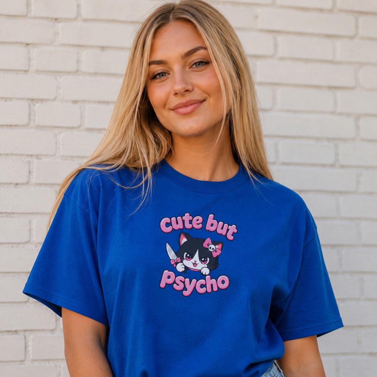 Cute But Psycho Shirt, Pink Kawaii Cat T-Shirt for Women, Funny Sassy Graphic Tee, Cute Psycho Shirt, Gift for Her