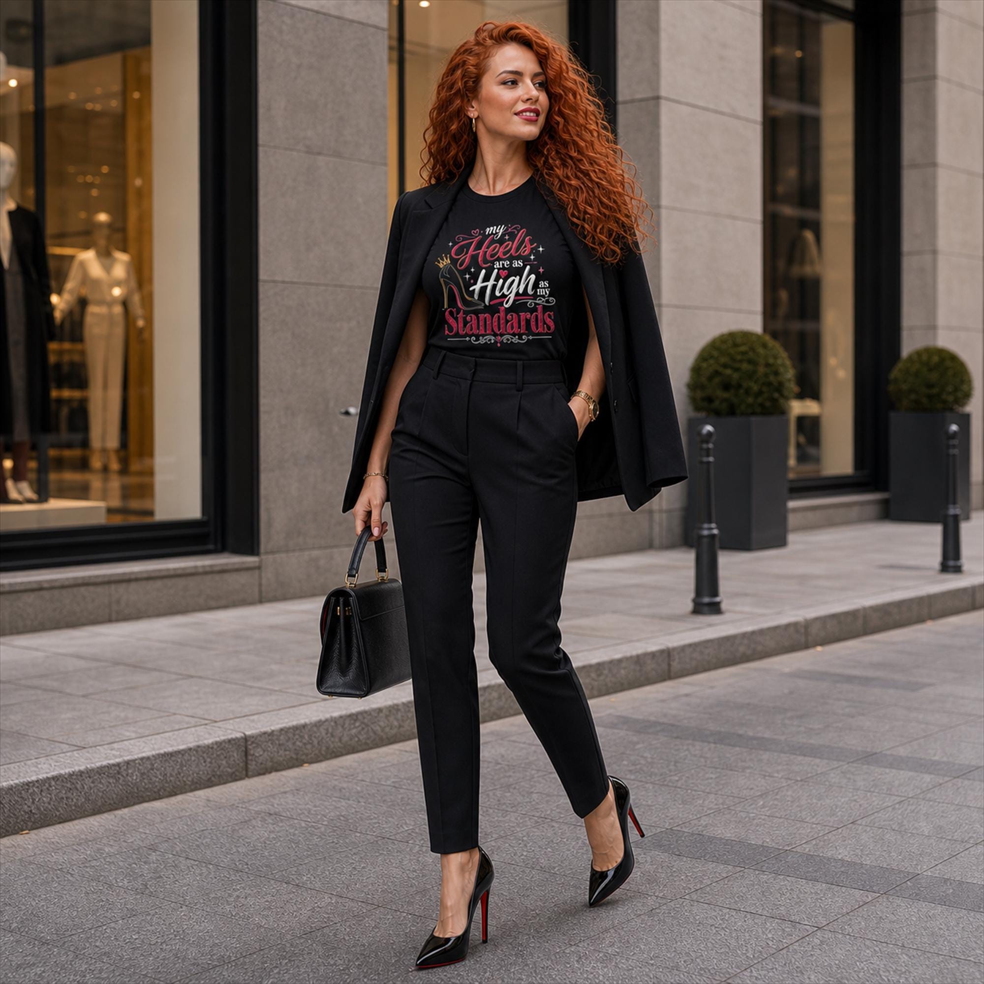 Luxus High Heels Shirt für Frauen, My Heels Are As High As My Standards, Glamour Statement T-Shirt, Geschenk für Sie