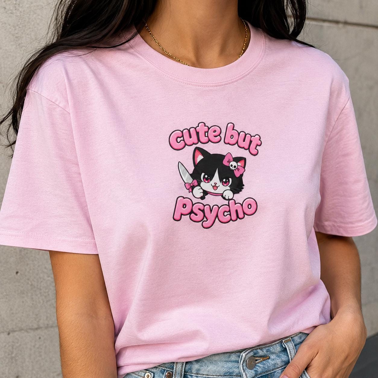 Cute But Psycho Shirt, Pink Kawaii Cat T-Shirt for Women, Funny Sassy Graphic Tee, Cute Psycho Shirt, Gift for Her