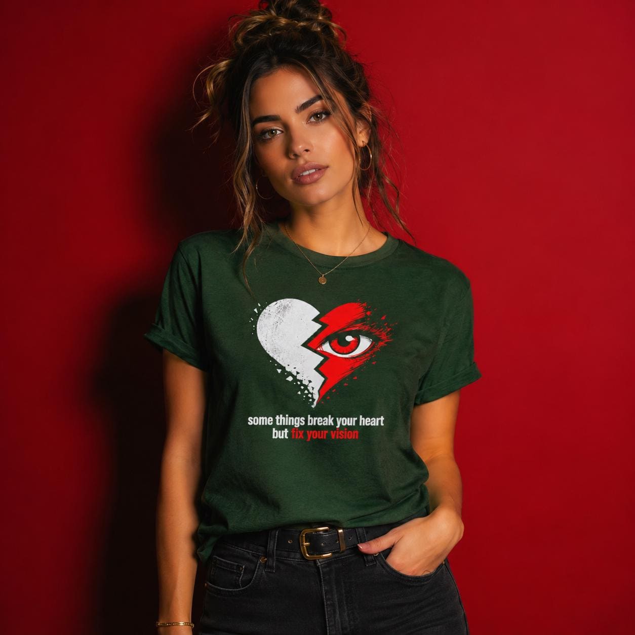 Frau trägt grünes Unisex T-Shirt mit gebrochenem Herz und Auge sowie motivationalem Spruch vor rotem Hintergrund