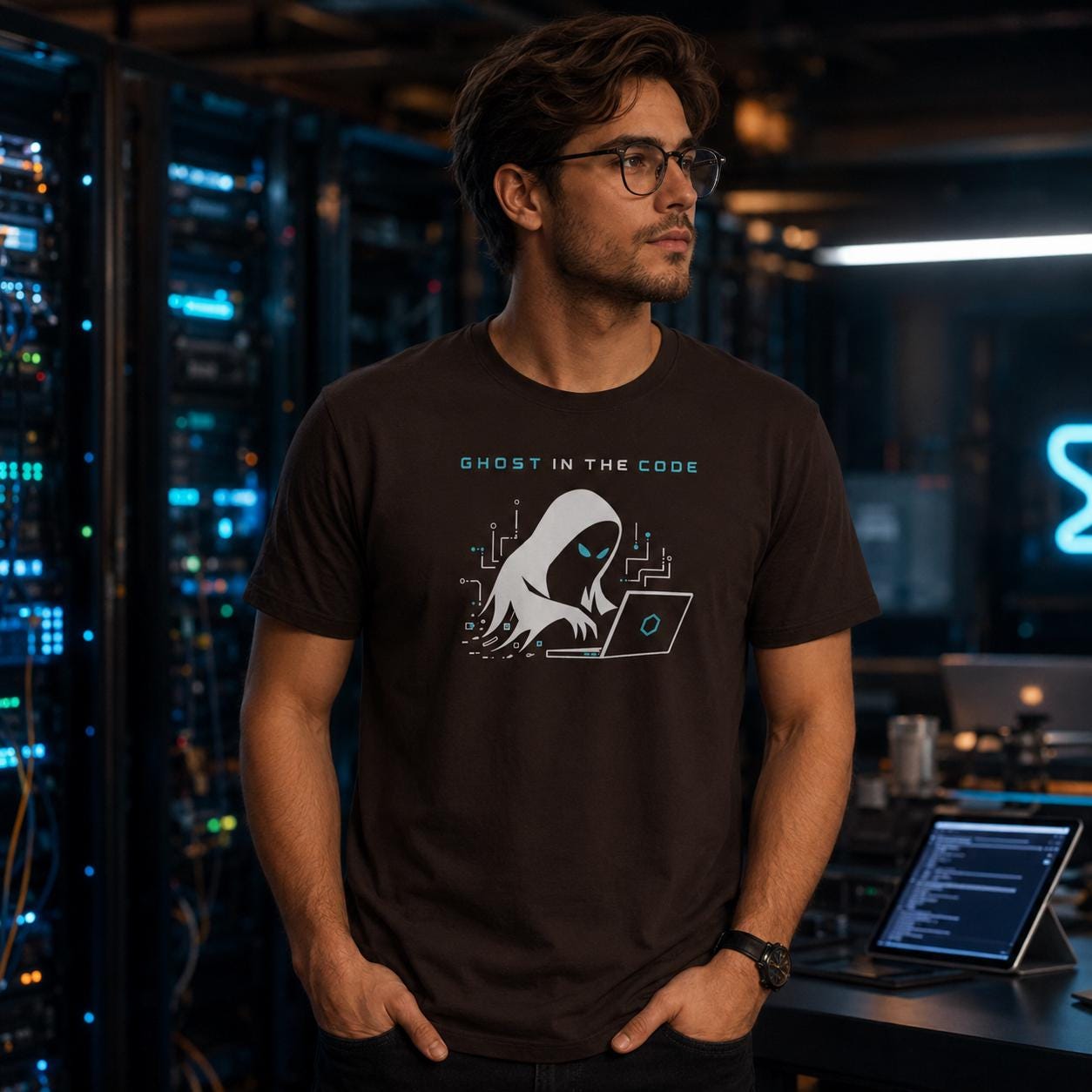 Mann trägt schwarzes Ghost in the Code T-Shirt, fokussiert und vor einem Arbeitsplatz mit Technik