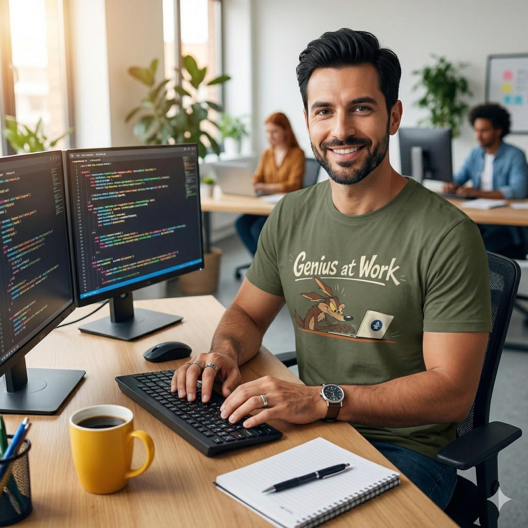 IT Humor Shirt. Genius at Work! Wile E. Coyote, bequemes leichtes Baumwollshirt für Coder, Gamer & Nerds, Unisex Fit
