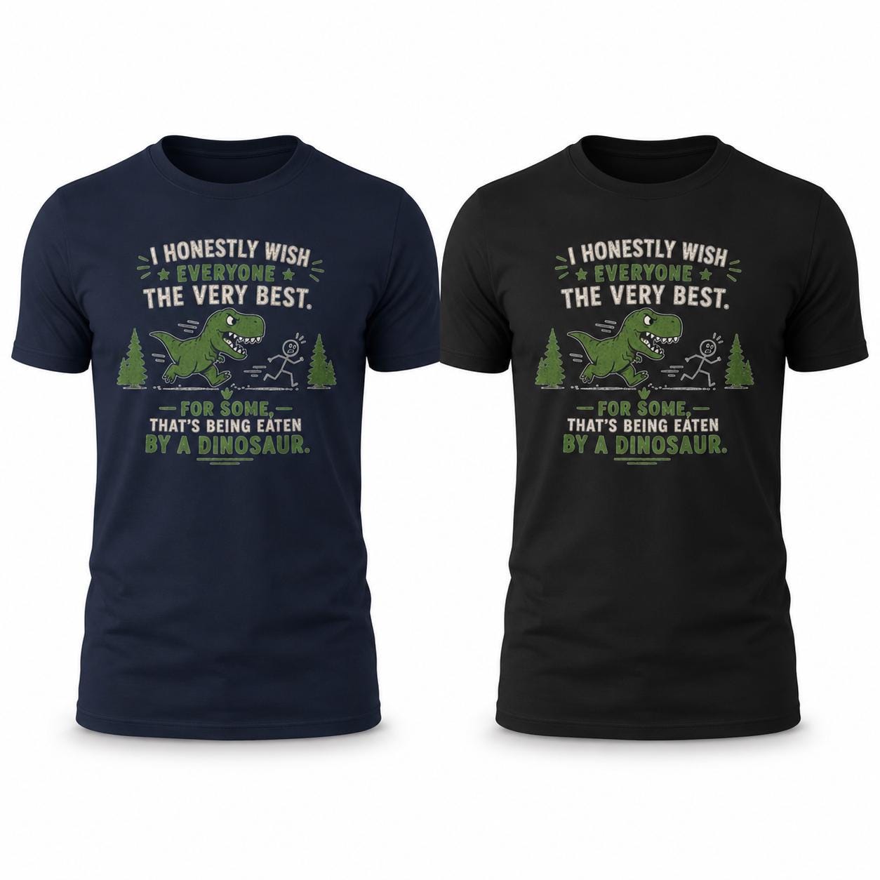 Zwei T-Shirts nebeneinander liegend: dunkelblau und schwarz mit Dinosaurier T-Rex Sarkasmus Design